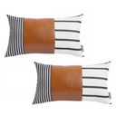 Brown & Ivory - 12x20 2-piece Boho Decorative Throw Pillow Cover Vegan Faux Leather Geometric Lumbar & Square for Couch, Bedding