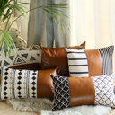 Brown & Ivory - 12x20 2-piece Boho Decorative Throw Pillow Cover Vegan Faux Leather Geometric Lumbar & Square for Couch, Bedding