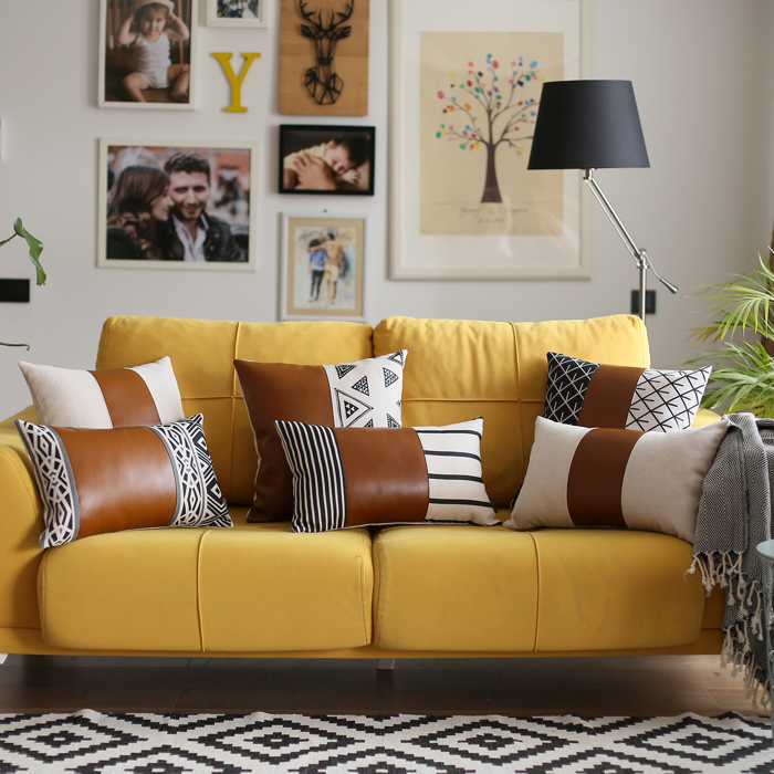 Boho Decorative Throw Pillow Cover Vegan Faux Leather Geometric Lumbar & Square for Couch, Bedding