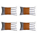 Brown & Ivory - 12x20 4-piece Boho Decorative Throw Pillow Cover Vegan Faux Leather Geometric Lumbar & Square for Couch, Bedding