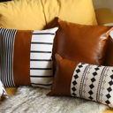 Brown & Ivory - 12x20 4-piece Boho Decorative Throw Pillow Cover Vegan Faux Leather Geometric Lumbar & Square for Couch, Bedding