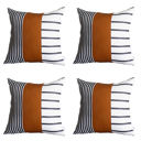 Brown & Ivory - 20x20 4-piece Boho Decorative Throw Pillow Cover Vegan Faux Leather Geometric Lumbar & Square for Couch, Bedding
