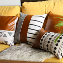 Brown & Ivory - 22x22 Single Boho Decorative Throw Pillow Cover Vegan Faux Leather Geometric Lumbar & Square for Couch, Bedding
