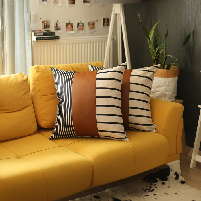 Boho Decorative Throw Pillow Cover Vegan Faux Leather Geometric Lumbar & Square for Couch, Bedding