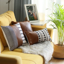 Brown & Ivory - 22x22 2-piece Boho Decorative Throw Pillow Cover Vegan Faux Leather Geometric Lumbar & Square for Couch, Bedding