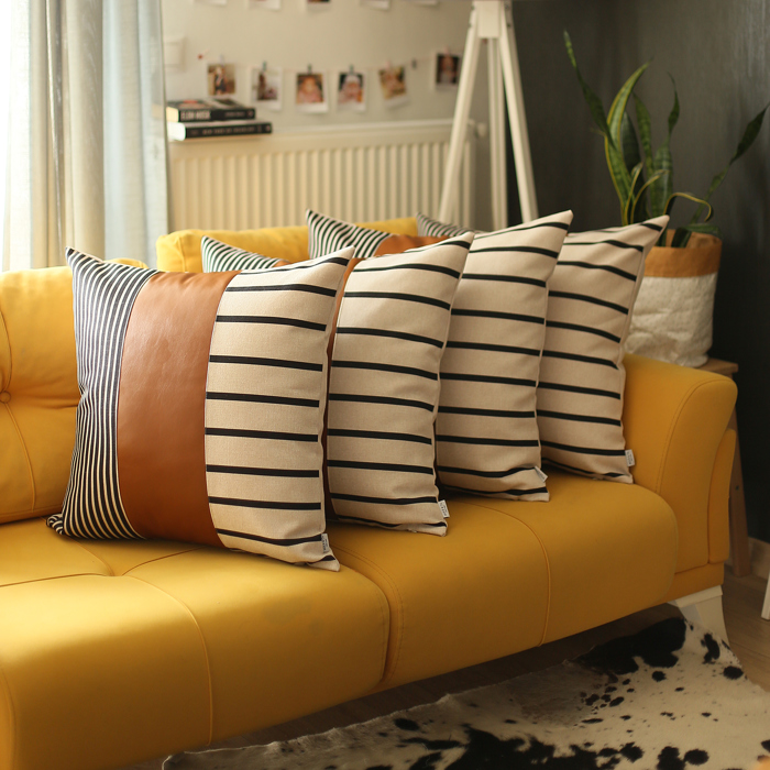 Boho Decorative Throw Pillow Cover Vegan Faux Leather Geometric Lumbar & Square for Couch, Bedding