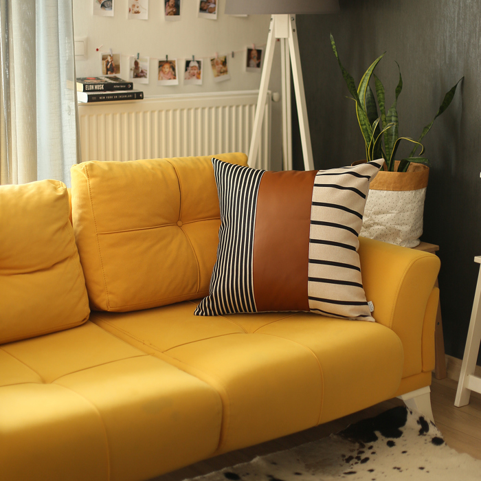 Boho Decorative Throw Pillow Cover Vegan Faux Leather Geometric Lumbar & Square for Couch, Bedding