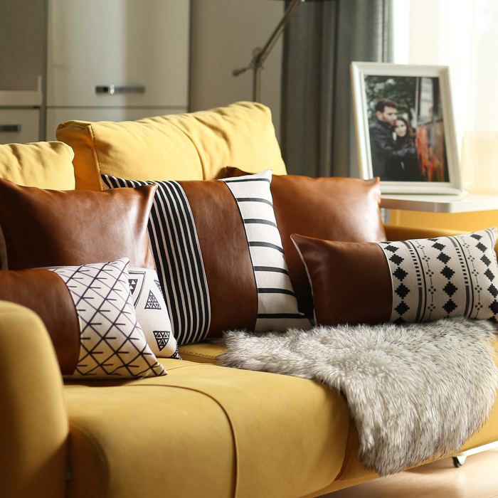 Boho Decorative Throw Pillow Cover Vegan Faux Leather Geometric Lumbar & Square for Couch, Bedding