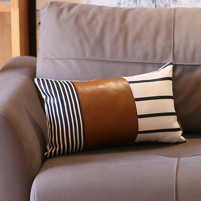 Boho Decorative Throw Pillow Cover Vegan Faux Leather Geometric Lumbar & Square for Couch, Bedding