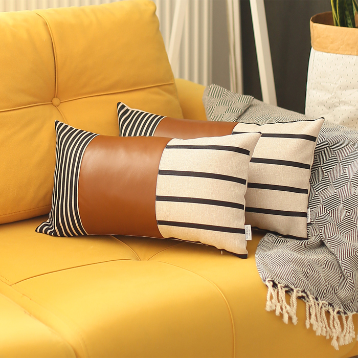 Boho Decorative Throw Pillow Cover Vegan Faux Leather Geometric Lumbar & Square for Couch, Bedding