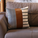 Brown & Ivory - 17x17 Single Boho Decorative Throw Pillow Cover Vegan Faux Leather Geometric Lumbar & Square for Couch, Bedding