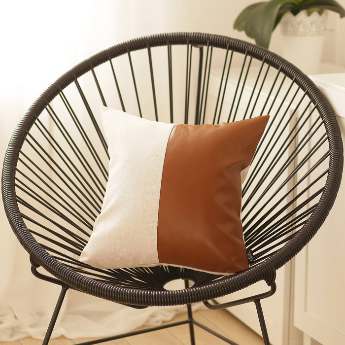 Boho Decorative Throw Pillow Cover Vegan Faux Leather Solid Lumbar & Square for Couch, Bedding
