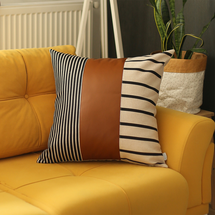 Boho Decorative Throw Pillow Cover Vegan Faux Leather Geometric Lumbar & Square for Couch, Bedding