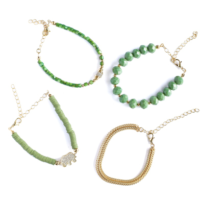 Women Gold-Plated Boho Bracelet Set 4Pcs, Green Flat Round Beads & Elephant, Crystals & Beads, Snake Chain, Mother of Pearl & Stone Pendant, Bohemian Style Trendy & Adjustable Elegant Fashion Jewelry