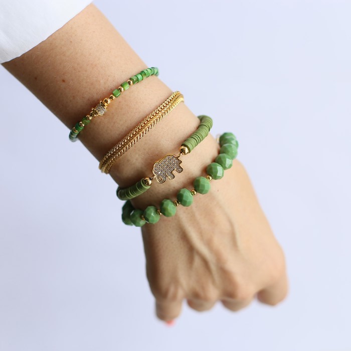 Women Gold-Plated Boho Bracelet Set 4Pcs, Green Flat Round Beads & Elephant, Crystals & Beads, Snake Chain, Mother of Pearl & Stone Pendant, Bohemian Style Trendy & Adjustable Elegant Fashion Jewelry