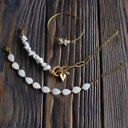  Women Gold-Plated Boho Bracelet Set 3Pcs, Cuff & Mother of Pearl Flower Pendant, Chain & Moonstone & Heart Pendant, Mother of Pearl & Beads, Bohemian Style Trendy & Adjustable Elegant Fashion Jewelry