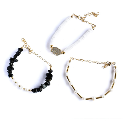 Women Gold-Plated Boho Bracelet Set 3Pcs, White Flat Round Beads & Elephant, Shell Pearl & Gold-tone Long Beads, Onyx & Shell Pearl, Bohemian Style Trendy & Adjustable Elegant Fashion Jewelry