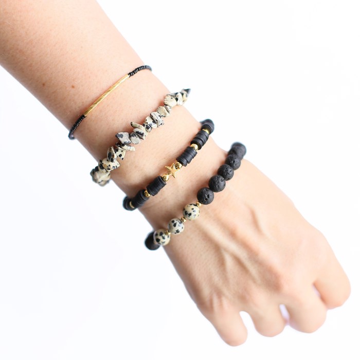 Women Gold-Plated Boho Bracelet Set 4Pcs, Jasper & Lava Stone, Flat Round Beads & Star Pendant, Jasper Stone, Black Beads & Gold-tone Bead, Bohemian Style Trendy & Adjustable Elegant Fashion Jewelry