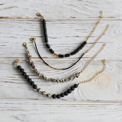 Women Gold-Plated Boho Bracelet Set 4Pcs, Jasper & Lava Stone, Flat Round Beads & Star Pendant, Jasper Stone, Black Beads & Gold-tone Bead, Bohemian Style Trendy & Adjustable Elegant Fashion Jewelry