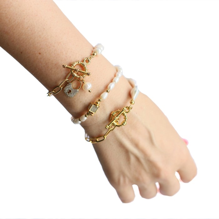 Women Gold-Plated Boho Bracelet Set 3Pcs, Half Link Chain & Shell Pearl & Lock Pendant, Half Link Chain & Shell Pearl, Shell Pearl & Square Pendant, Bohemian Style Trendy & Adjustable Fashion Jewelry