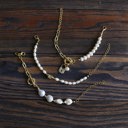  Women Gold-Plated Boho Bracelet Set 3Pcs, Half Link Chain & Shell Pearl & Lock Pendant, Half Link Chain & Shell Pearl, Shell Pearl & Square Pendant, Bohemian Style Trendy & Adjustable Fashion Jewelry