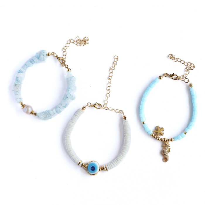 Women Gold-Plated Boho Bracelet Set 3Pcs, Aquamarine & Shell Pearl, Mother of Pearl Flat Beads & Evil Eye, Beads & Starfish, Seahorse Pendant, Bohemian Style Trendy & Adjustable Fashion Jewelry