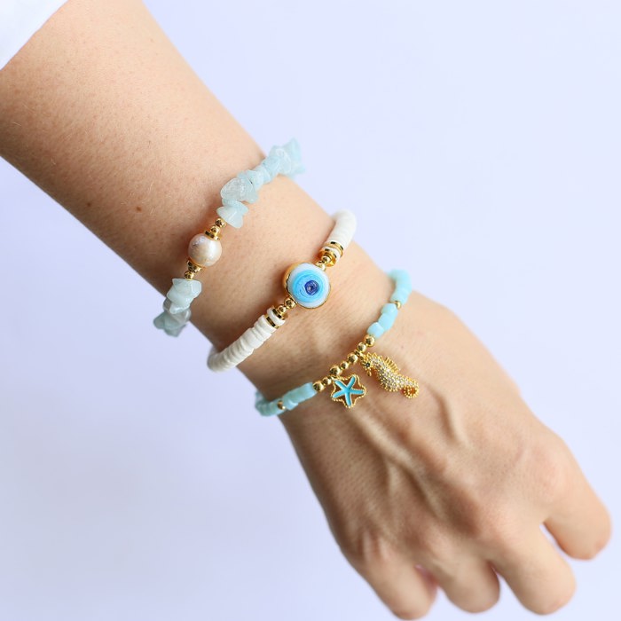 Women Gold-Plated Boho Bracelet Set 3Pcs, Aquamarine & Shell Pearl, Mother of Pearl Flat Beads & Evil Eye, Beads & Starfish, Seahorse Pendant, Bohemian Style Trendy & Adjustable Fashion Jewelry