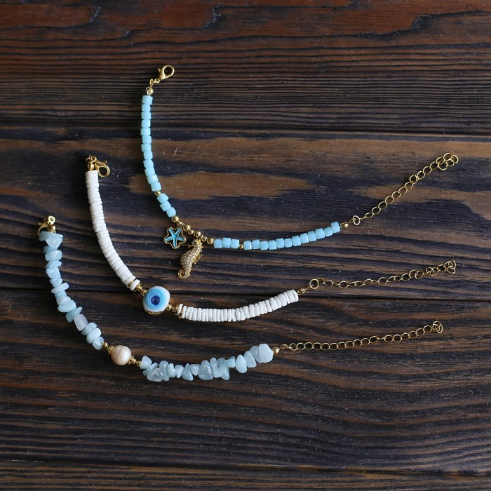 Women Gold-Plated Boho Bracelet Set 3Pcs, Aquamarine & Shell Pearl, Mother of Pearl Flat Beads & Evil Eye, Beads & Starfish, Seahorse Pendant, Bohemian Style Trendy & Adjustable Fashion Jewelry