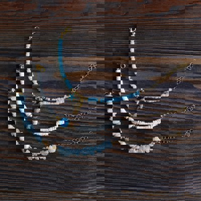 Women Gold-Plated Boho Bracelet Set 3Pcs, Aquamarine & Shell Pearl, Mother of Pearl Flat Beads & Evil Eye, Beads & Starfish, Seahorse Pendant, Bohemian Style Trendy & Adjustable Fashion Jewelry