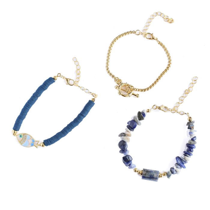 Women Gold-Plated Boho Bracelet Set 3Pcs, Navy Blue Round Flat Beads & Fish Pendant, Lapis Lazuli & Stone Pendant, Box Chain, Bohemian Style Trendy & Adjustable Elegant Fashion Jewelry