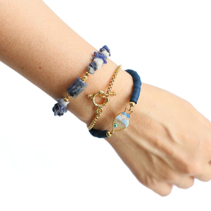 Women Gold-Plated Boho Bracelet Set 3Pcs, Navy Blue Round Flat Beads & Fish Pendant, Lapis Lazuli & Stone Pendant, Box Chain, Bohemian Style Trendy & Adjustable Elegant Fashion Jewelry