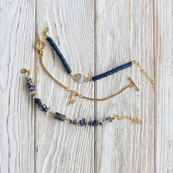 Women Gold-Plated Boho Bracelet Set 3Pcs, Navy Blue Round Flat Beads & Fish Pendant, Lapis Lazuli & Stone Pendant, Box Chain, Bohemian Style Trendy & Adjustable Elegant Fashion Jewelry