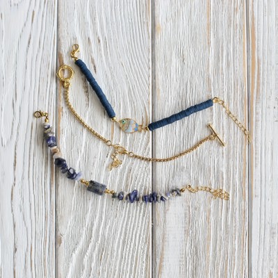 Women Gold-Plated Boho Bracelet Set 3Pcs, Navy Blue Round Flat Beads & Fish Pendant, Lapis Lazuli & Stone Pendant, Box Chain, Bohemian Style Trendy & Adjustable Elegant Fashion Jewelry