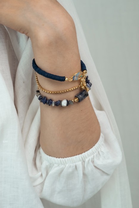 Women Gold-Plated Boho Bracelet Set 3Pcs, Navy Blue Round Flat Beads & Fish Pendant, Lapis Lazuli & Stone Pendant, Box Chain, Bohemian Style Trendy & Adjustable Elegant Fashion Jewelry