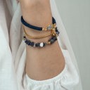  Women Gold-Plated Boho Bracelet Set 3Pcs, Navy Blue Round Flat Beads & Fish Pendant, Lapis Lazuli & Stone Pendant, Box Chain, Bohemian Style Trendy & Adjustable Elegant Fashion Jewelry