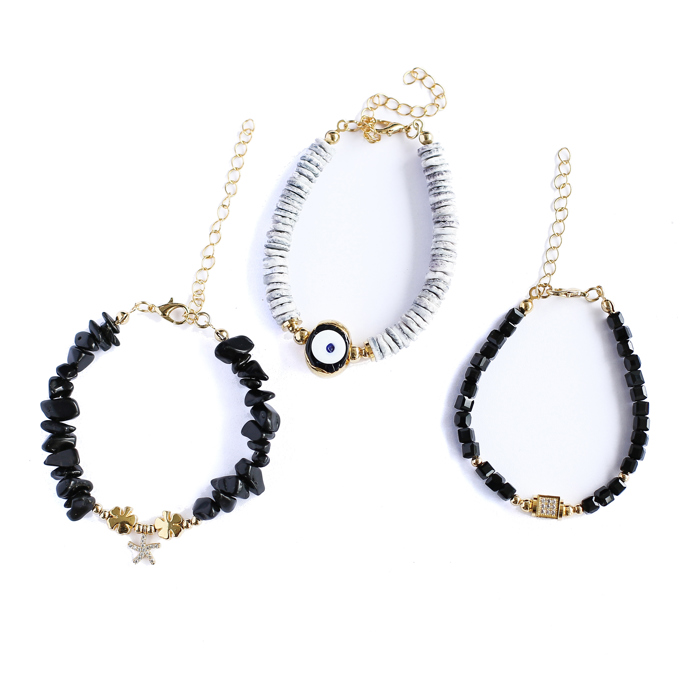 Women Gold-Plated Boho Bracelet Set 3Pcs, Onyx & Starfish Pendant, Mother of Pearl & Evil Eye, Black Beads & Square Zircon Pendant, Bohemian Style Trendy & Adjustable Elegant Fashion Jewelry