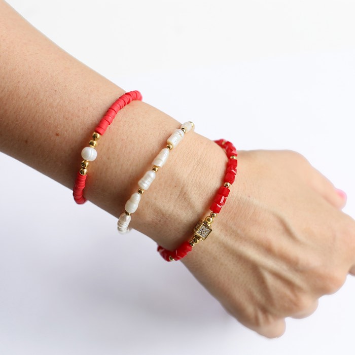 Women Gold-Plated Boho Bracelet Set 3Pcs, Orange Beads & Shell Pearl, Red Beads & Square Zircon Pendant, Long Shell Pearl & Gold-tone Beads, Bohemian Style Trendy & Adjustable Elegant Fashion Jewelry