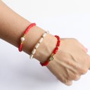  Women Gold-Plated Boho Bracelet Set 3Pcs, Orange Beads & Shell Pearl, Red Beads & Square Zircon Pendant, Long Shell Pearl & Gold-tone Beads, Bohemian Style Trendy & Adjustable Elegant Fashion Jewelry