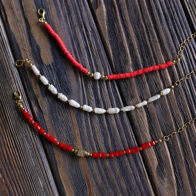 Women Gold-Plated Boho Bracelet Set 3Pcs, Orange Beads & Shell Pearl, Red Beads & Square Zircon Pendant, Long Shell Pearl & Gold-tone Beads, Bohemian Style Trendy & Adjustable Elegant Fashion Jewelry