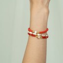  Women Gold-Plated Boho Bracelet Set 3Pcs, Orange Beads & Shell Pearl, Red Beads & Square Zircon Pendant, Long Shell Pearl & Gold-tone Beads, Bohemian Style Trendy & Adjustable Elegant Fashion Jewelry