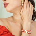  Women Gold-Plated Boho Bracelet Set 3Pcs, Orange Beads & Shell Pearl, Red Beads & Square Zircon Pendant, Long Shell Pearl & Gold-tone Beads, Bohemian Style Trendy & Adjustable Elegant Fashion Jewelry