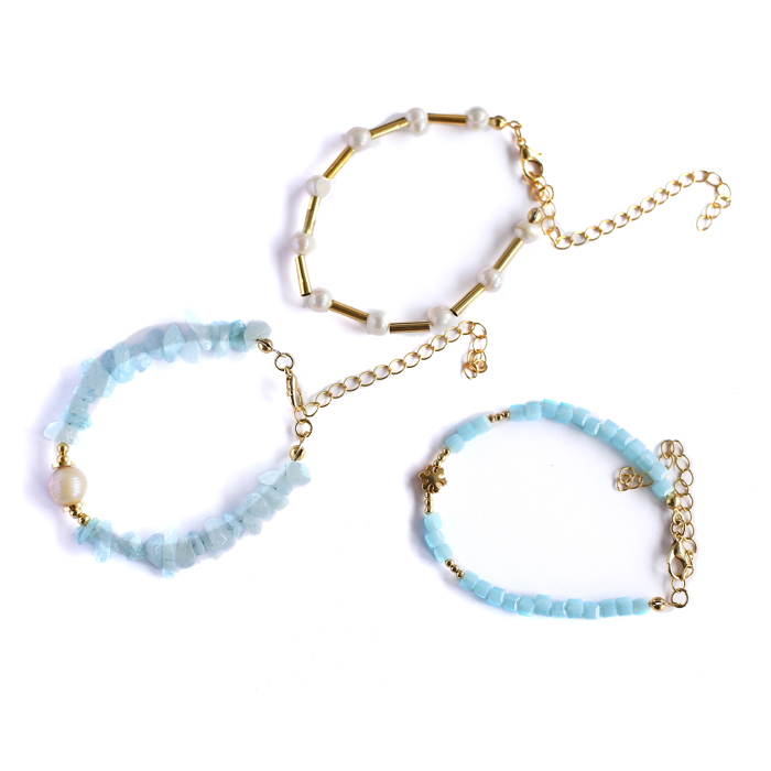 Women Gold-Plated Boho Bracelet Set 3Pcs, Aquamarine & Shell Pearl, Blue Beads & Snowflake Pendant, Shell Pearl & Long Gold-tone Beads, Bohemian Style Trendy & Adjustable Elegant Fashion Jewelry