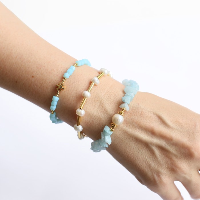 Women Gold-Plated Boho Bracelet Set 3Pcs, Aquamarine & Shell Pearl, Blue Beads & Snowflake Pendant, Shell Pearl & Long Gold-tone Beads, Bohemian Style Trendy & Adjustable Elegant Fashion Jewelry