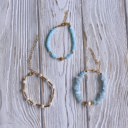  Women Gold-Plated Boho Bracelet Set 3Pcs, Aquamarine & Shell Pearl, Blue Beads & Snowflake Pendant, Shell Pearl & Long Gold-tone Beads, Bohemian Style Trendy & Adjustable Elegant Fashion Jewelry