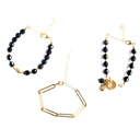  Women Gold-Plated Boho Bracelet Set 3Pcs, Black Agate & Gold-tone Bead, Gold-tone Paperclip Link Chain, Agate & Heart Pendant, Bohemian Style Trendy & Adjustable Elegant Fashion Jewelry