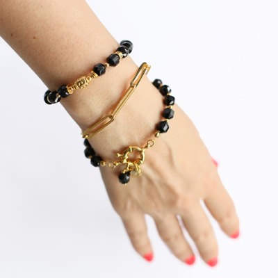 Women Gold-Plated Boho Bracelet Set 3Pcs, Black Agate & Gold-tone Bead, Gold-tone Paperclip Link Chain, Agate & Heart Pendant, Bohemian Style Trendy & Adjustable Elegant Fashion Jewelry