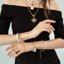  Women Gold-Plated Boho Bracelet Set 3Pcs, Link Chain, Half Paperclip Chain Half Moonstone & Heart Pendant, Half Chain Half Shell Pearl, Bohemian Style Trendy & Adjustable Elegant Fashion Jewelry