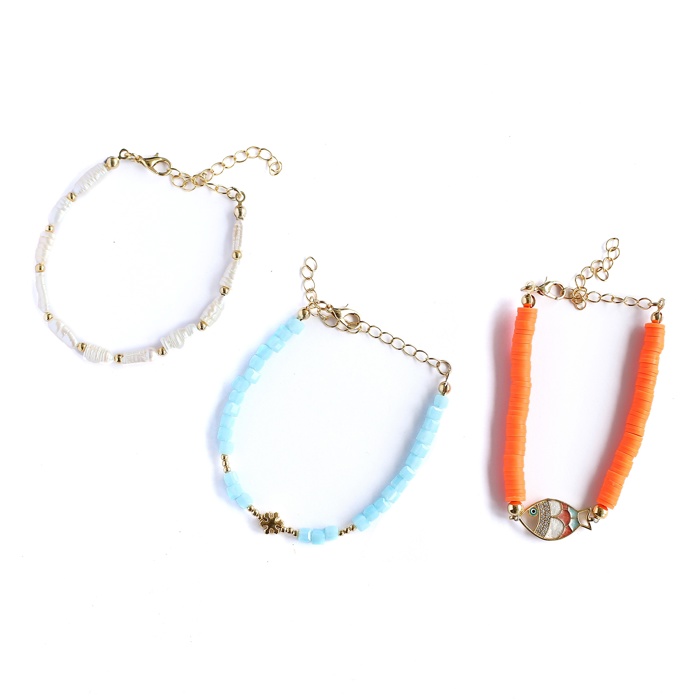 Women Gold-Plated Boho Bracelet Set 3Pcs, Long Shell Pearl & Beads, Blue Beads & Snowflake, Orange Round Flat Beads & Multi Color Fish, Bohemian Style Trendy & Adjustable Elegant Fashion Jewelry