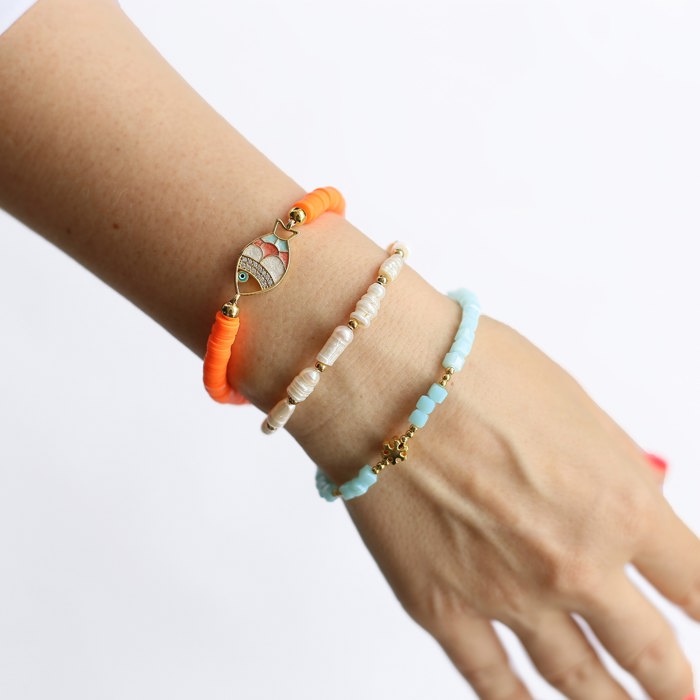 Women Gold-Plated Boho Bracelet Set 3Pcs, Long Shell Pearl & Beads, Blue Beads & Snowflake, Orange Round Flat Beads & Multi Color Fish, Bohemian Style Trendy & Adjustable Elegant Fashion Jewelry