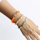  Women Gold-Plated Boho Bracelet Set 3Pcs, Long Shell Pearl & Beads, Blue Beads & Snowflake, Orange Round Flat Beads & Multi Color Fish, Bohemian Style Trendy & Adjustable Elegant Fashion Jewelry